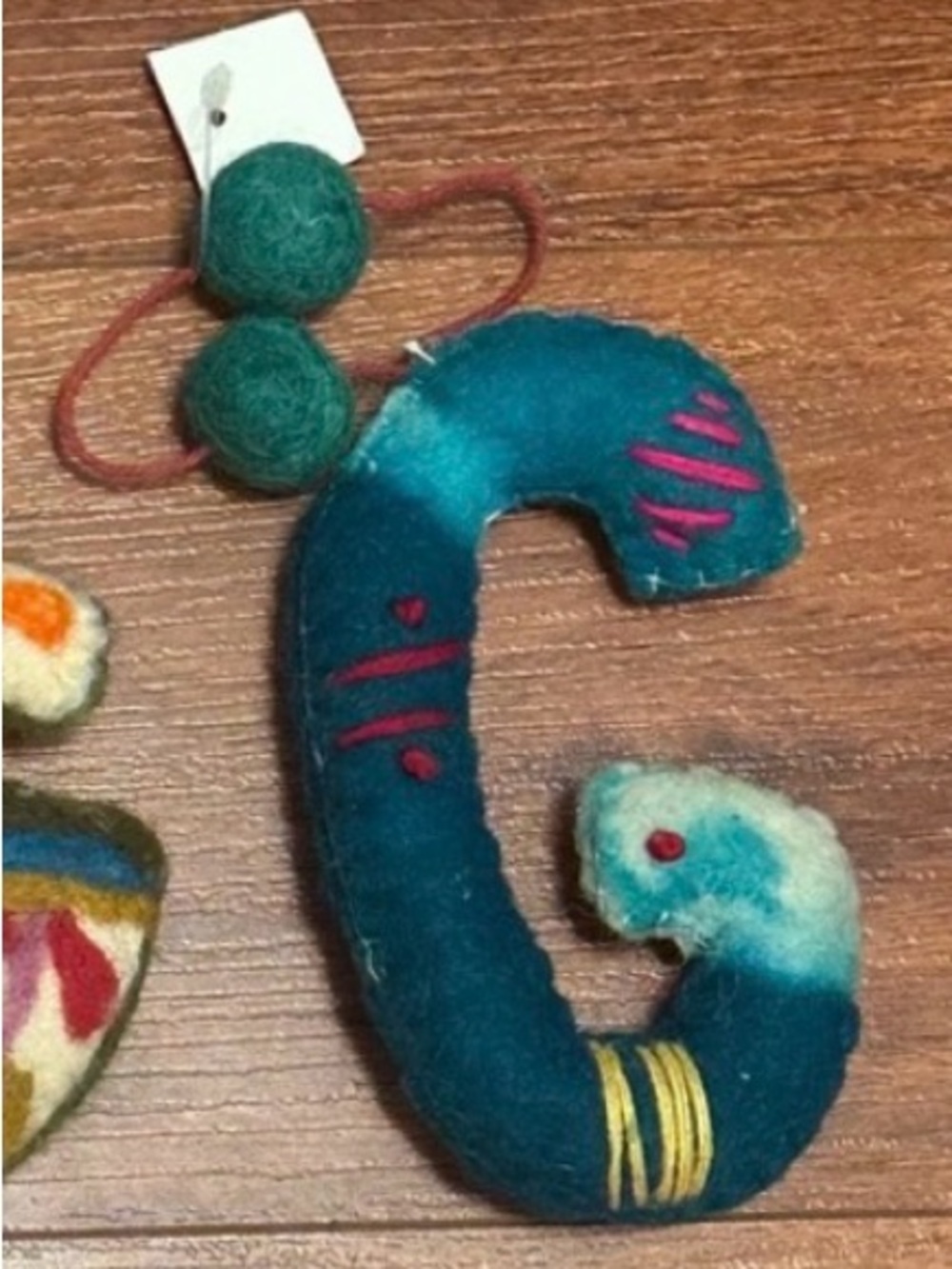 Anthropologie Teal Felt Candy Cane Ornament with Pink and Yellow Accents